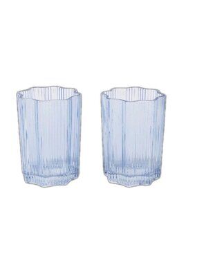 Glass Hause Ribbed Drinking Glasses 12 Oz Blue Elegant Design DishwashSafe NIB
